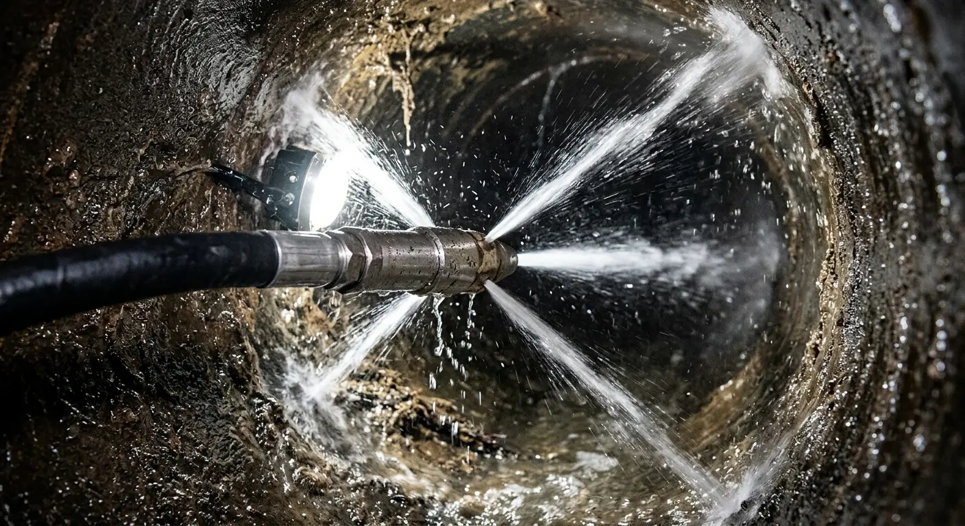 High-pressure hydro jetting nozzle cleaning sewer pipe for Sewer Line Relining in Kelso