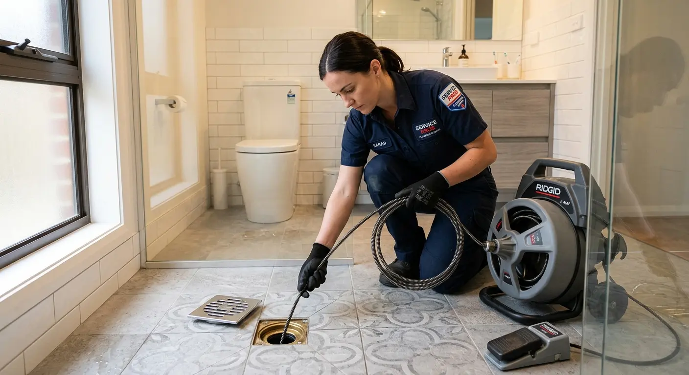 Technician clearing a bathroom floor drain for Sewer Line Installation in Kelso